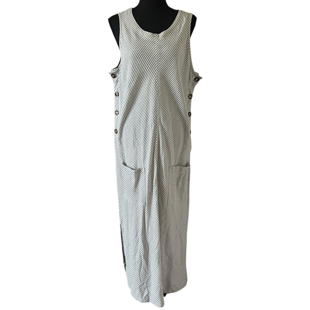 Peck & Peck Blue White Striped Linen Blend Sleeveless Maxi Dress XL Button Sides